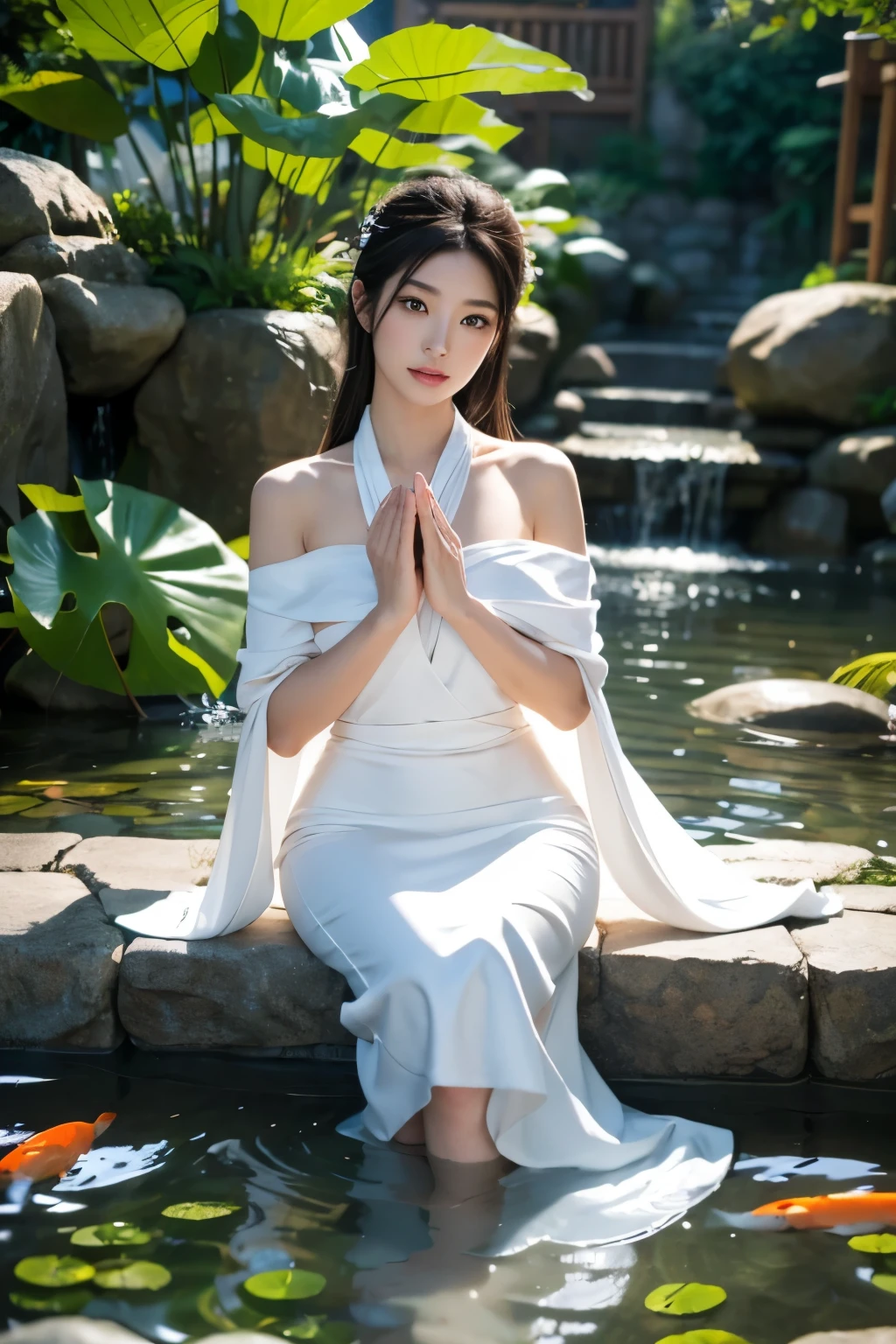 masterpiece, super realistic a beautiful woman in a discreet Zen costume, meditating in an elaborate Zen garden with a koi fish pond and lotus flowers; hyperdetailed face, super realistic eyes and hands, smooth, best teeth, sparkling skin; big wise eyes; breathtaking-pure beauty-divine perfection-unforgettable, impressive presence; volumetric lighting, halos, rays, vivid color reflections, super detailed, super sharp, super realistic, 8K