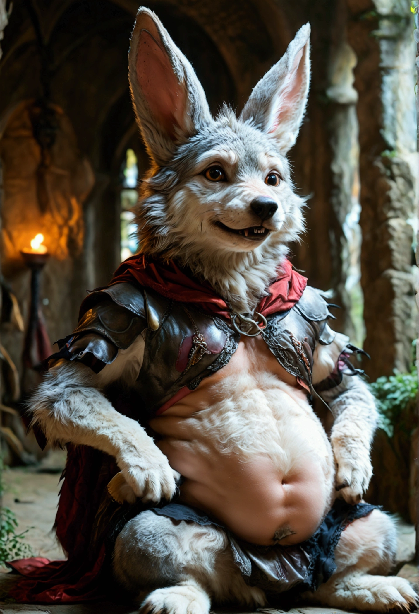 (((1 male anthropomorphic wolf))). (((Group of anthropomorphic female rabbits dressed like scary witches))).  (((No humans))). (((Many female anthropomorphic rabbits are tickling a lone male anthropomorphic wolf's belly))). The anthropomorphic wolf is lying flat on his back spread eagle. They dance next to the large and bloated belly of a shocked anthropomorphic wolf who is restrained to the ground. photo realistic style. dark medieval dungeon. (((The female anthropomorphic rabbits are holding the male anthropomorphic wolf's extremely large erect penis and extremely large heavy testicles))). side view. Full body shot of anthropomorphic wolf. Male anthropomorphic wolf has large soft pot belly.  Protruding bellybutton. Anthropomorphic wolf belly focus view. Correct highly detailed anatomy. NSFW. Nudity. Sexual acts. Lewd acts. (((Only the anthropomorphic male wolf is nude, everyone else wears female clothes))).