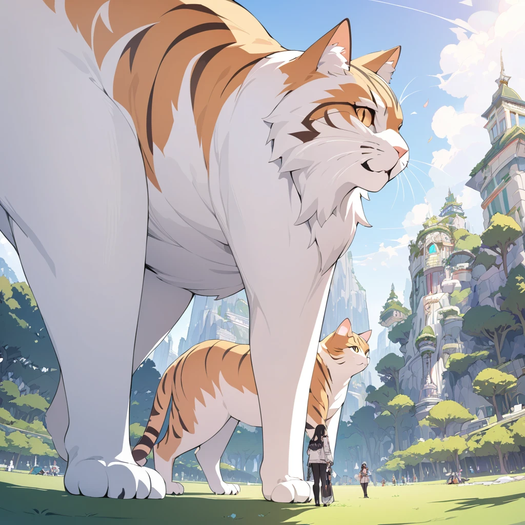 Masterpiece, ultra detailed, beautiful,Super Saturation, arcadia , Giant cat,size comparison,
