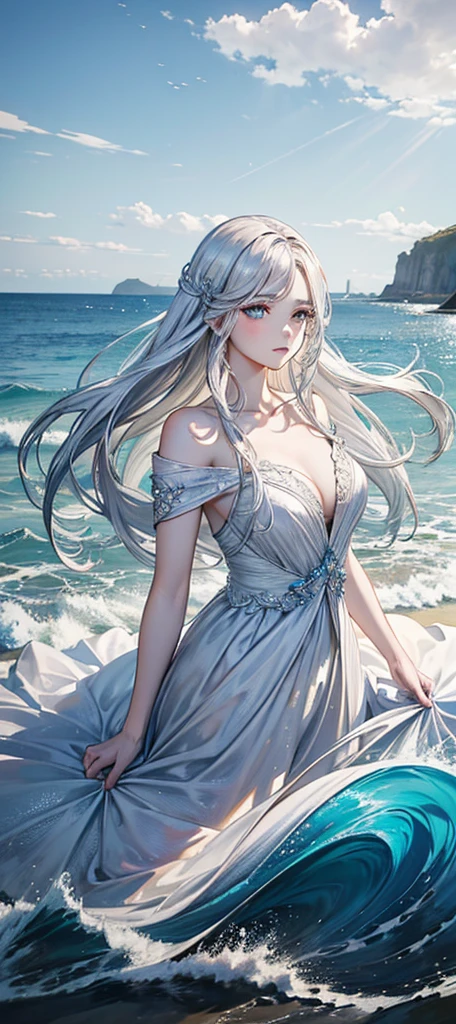 a beautiful woman with long white hair, standing on a sandy beach by the ocean, serene expression, cinematic lighting, highly detailed, oil painting, vibrant colors, dramatic atmosphere, photorealistic, (best quality,4k,8k,highres,masterpiece:1.2),ultra-detailed,(realistic,photorealistic,photo-realistic:1.37),beautiful detailed eyes,beautiful detailed lips,extremely detailed eyes and face,longeyelashes