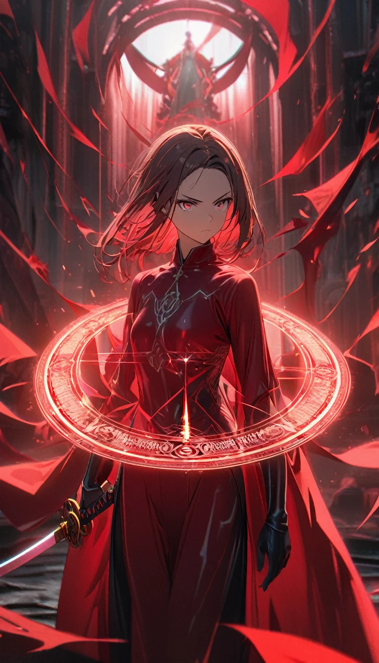 1 girl,hair forehead with red curtain,shiny katana,glowing red supernatural magic circle, serious,calm perfect body,8k,High definition,