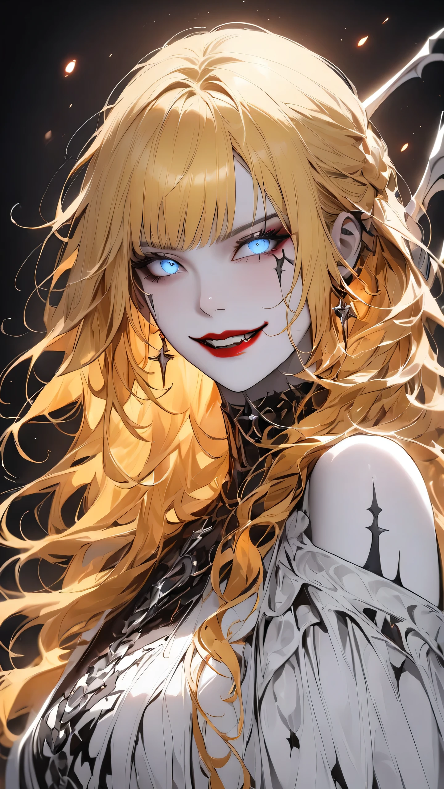 highest quality、masterpiece、1 girl、black background、yellow hair:1.5、blue eyes、red lips, white clothes、Black and white world、Black and white world、pale skin、side blade, evil smile 