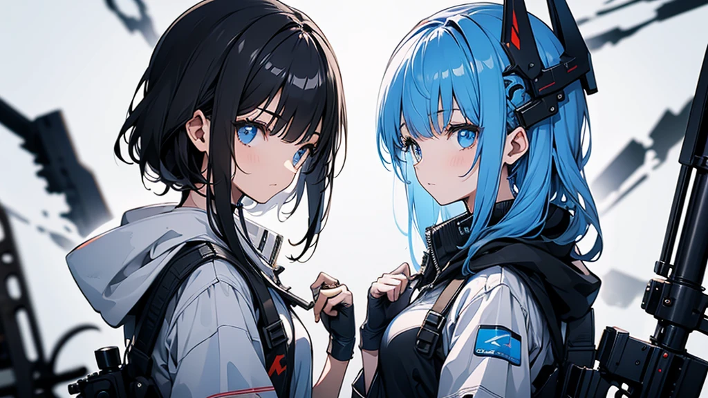 Two girls facing each other with guns。