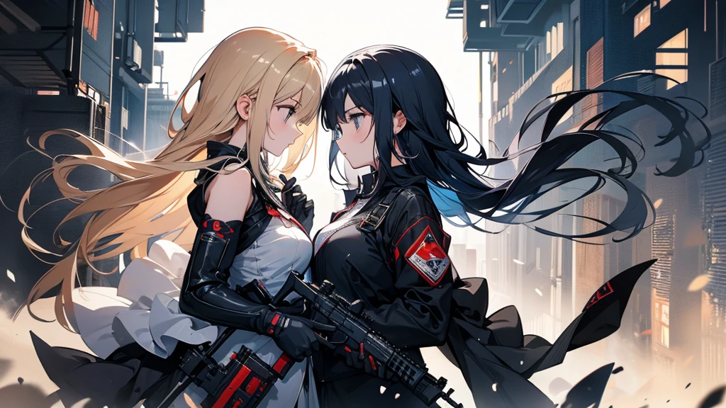 Two girls facing each other with guns。