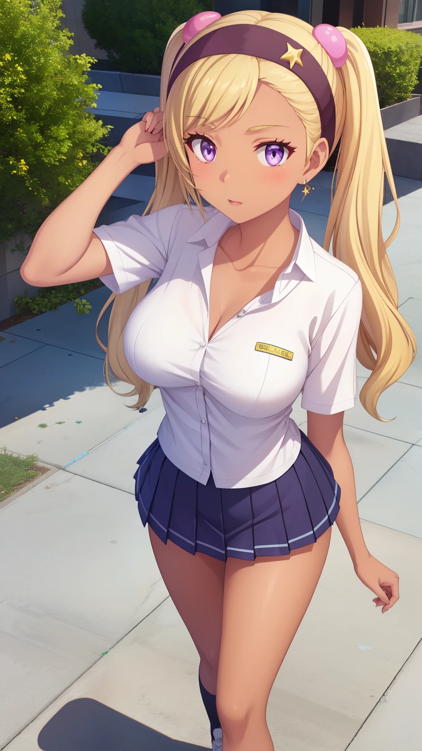 QUITTERIE RAFFAELI, LONG HAIR, BLONDE HAIR, TWINTAILS, PURPLE EYES, HAIRBAND, DARK SKIN, DARK-SKINNED girl, JEWELRY, EARRINGS, 1girl, solo, masterpiece, illustration, game CG, absurdres, highly detailed, school courtyard, white school shirt, pleated miniskirt, collarbone