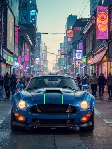 (full body), shelby cobra, ((beatiful detailed cyberpunk city)), ((streets with neon lights)),dutch angle shot