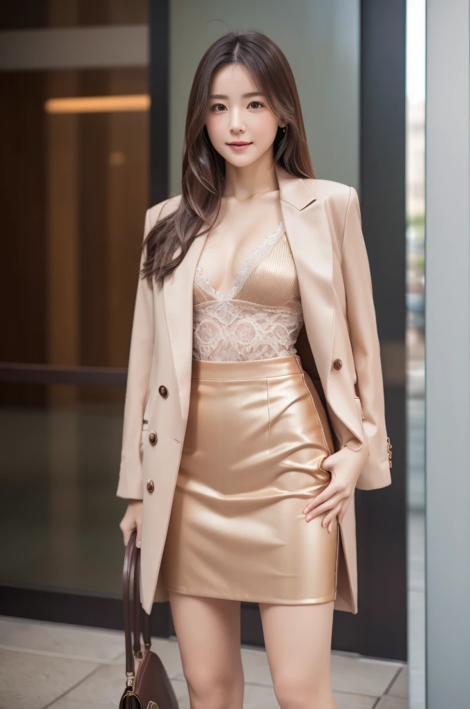 best quality, 8k, very delicate and beautiful, highly detailed face and skin texture, shiny skin, high resolution, beautiful japanese girl in suit and tight skirt standing in front of building, grab a coffee cup, full body, sharp focus