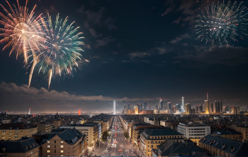 ((masterpiece)),((best quality)),((high detail)),((actual,)) futuristic city, building street, Market, cyberpunk, European-style architecture, night, neon, panoramic view, various buildings, new year, fireworks, panoramic, colorful fireworks, sky with fireworks, landscape, Detailed face, Delicate and bright eyes, highly detailed eyes