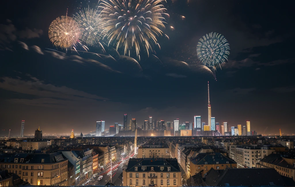 ((masterpiece)),((best quality)),((high detail)),((actual,)) futuristic city, building street, Market, cyberpunk, European-style architecture, night, neon, panoramic view, various buildings, new year, fireworks, panoramic, colorful fireworks, sky with fireworks, landscape, Detailed face, Delicate and bright eyes, highly detailed eyes