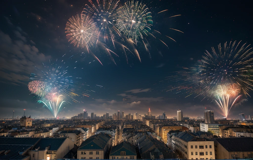 ((masterpiece)),((best quality)),((high detail)),((actual,)) futuristic city, building street, Market, cyberpunk, European-style architecture, night, neon, panoramic view, various buildings, new year, fireworks, panoramic, colorful fireworks, sky with fireworks, landscape, Detailed face, Delicate and bright eyes, highly detailed eyes