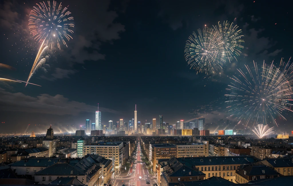 ((masterpiece)),((best quality)),((high detail)),((actual,)) futuristic city, building street, Market, cyberpunk, European-style architecture, night, neon, panoramic view, various buildings, new year, fireworks, panoramic, colorful fireworks, sky with fireworks, landscape, Detailed face, Delicate and bright eyes, highly detailed eyes