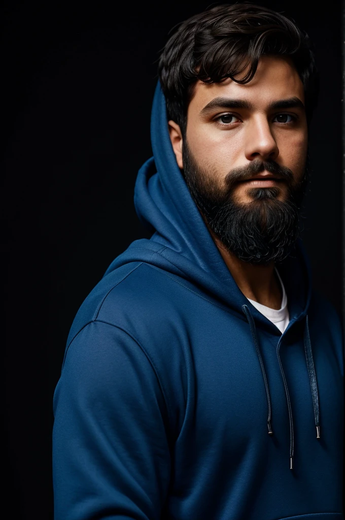 A boy in blue hoodie, dark hair, beard, best quality, Black background 