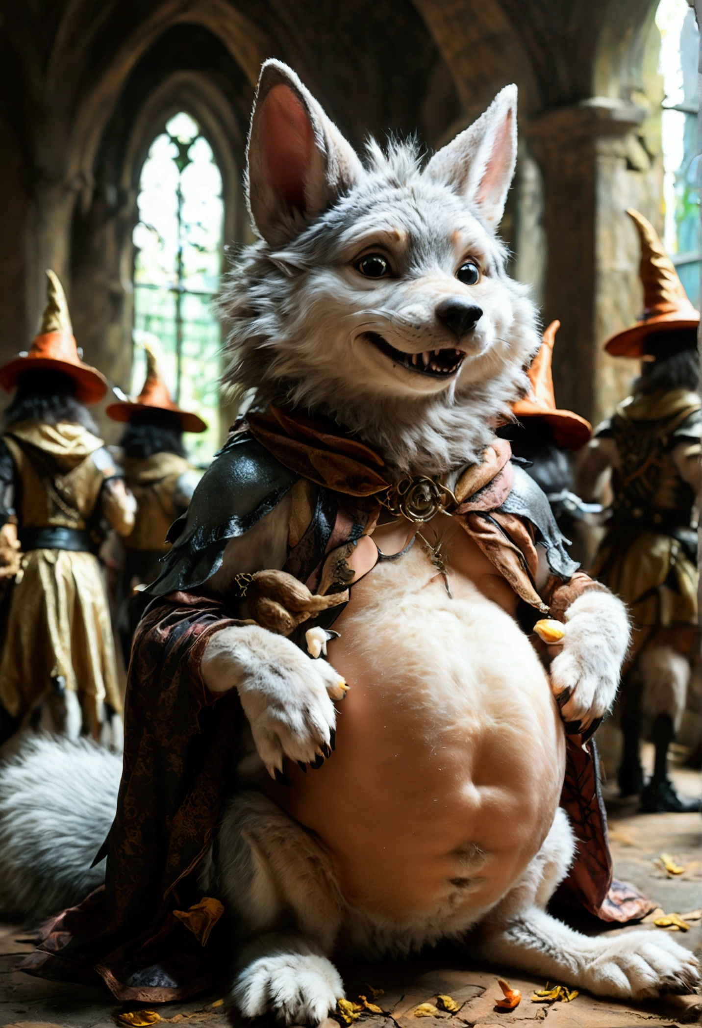 (((1 male anthropomorphic wolf))). (((Group of anthropomorphic female rabbits dressed like scary witches))). (((No humans))). (((Many female anthropomorphic rabbits are tickling a lone male anthropomorphic wolf's belly))). The anthropomorphic wolf is lying flat on his back spread eagle. They dance next to the large and bloated belly of a shocked anthropomorphic wolf who is restrained to the ground. photo realistic style. dark medieval dungeon. (((The female anthropomorphic rabbits are holding the male anthropomorphic wolf's extremely large erect penis and extremely large heavy testicles))). side view. Full body shot of anthropomorphic wolf. Male anthropomorphic wolf has large soft pot belly. Protruding bellybutton. Anthropomorphic wolf belly focus view. Correct highly detailed anatomy. NSFW. Nudity. Sexual acts. Lewd acts. (((Only the anthropomorphic male wolf is nude, everyone else wears female clothes))).