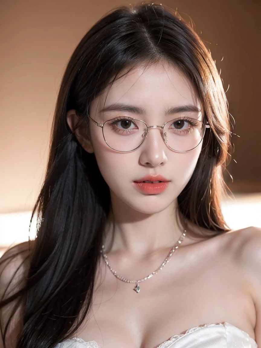 Top CG, Highest image quality, masterpiece, Gentle and beautiful girl, (185cm美女), (fit), Imperial sister, Queen temperament, White skin, Perfect facial features, Bright Eyes, Red lips, Beautiful and cold (A major breakthrough)), Beautiful and heroic, Soft and long hair, shiny, Lace, net, Visible through clear skin, wear glasses, ruby neckLace, (evening dress), 8K Image Quality, (Realistic Portraits), Characters fill the screen, (Facial lighting), ((eternal)，Frameless glasses