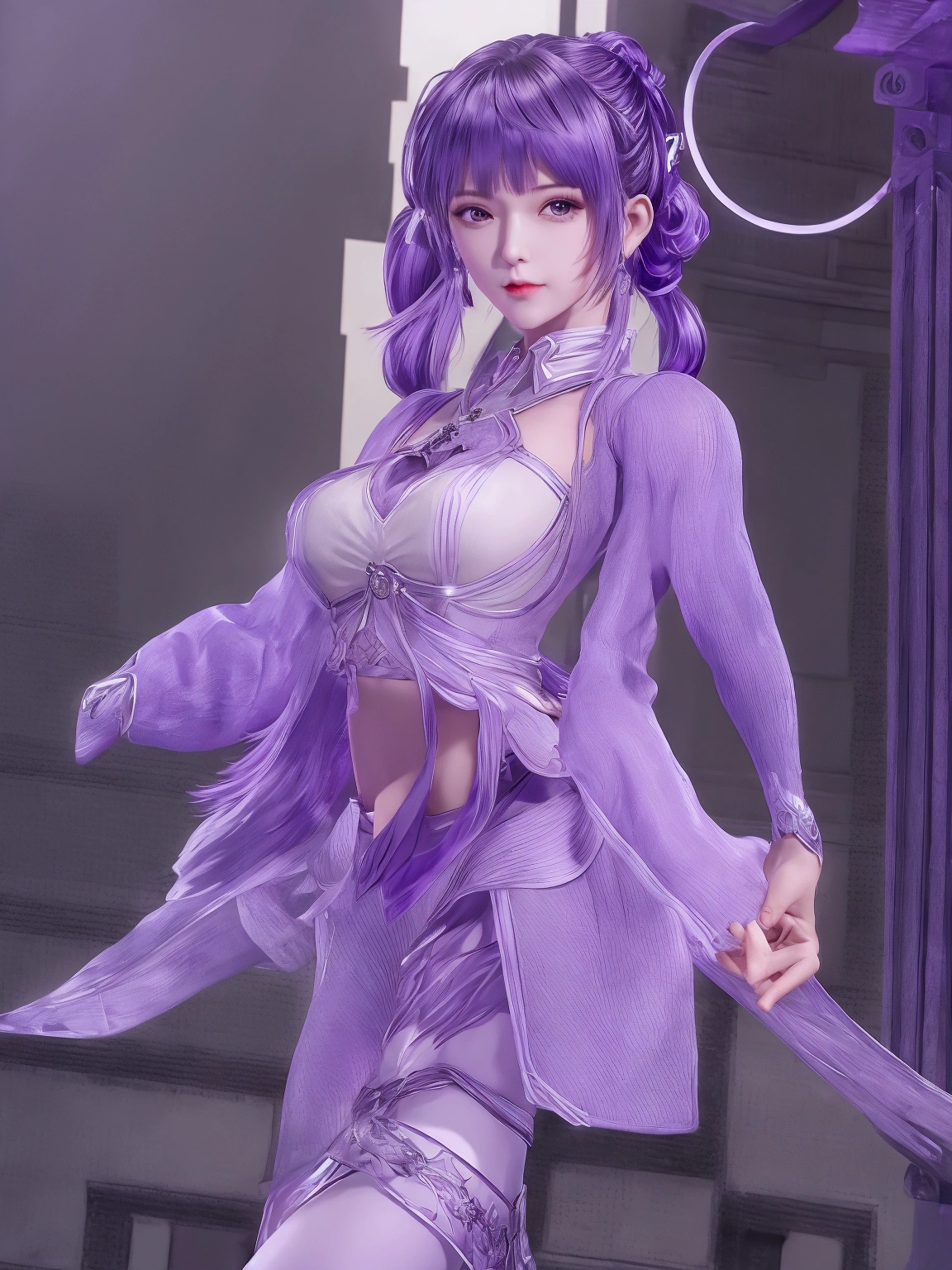 1 Girl,Low double ponytail, Mature female, Looking at the audience, city View, night, Cowboy shooting, Umbilical cord,Crop Top, Long sleeve, skirt,Weaving, Pantyhose, Metal trim,Purple Hair, Shiny hair, diaphragm,Off-shoulder，Showing belly，Sexy exposure，A sense of flesh，full-body shot