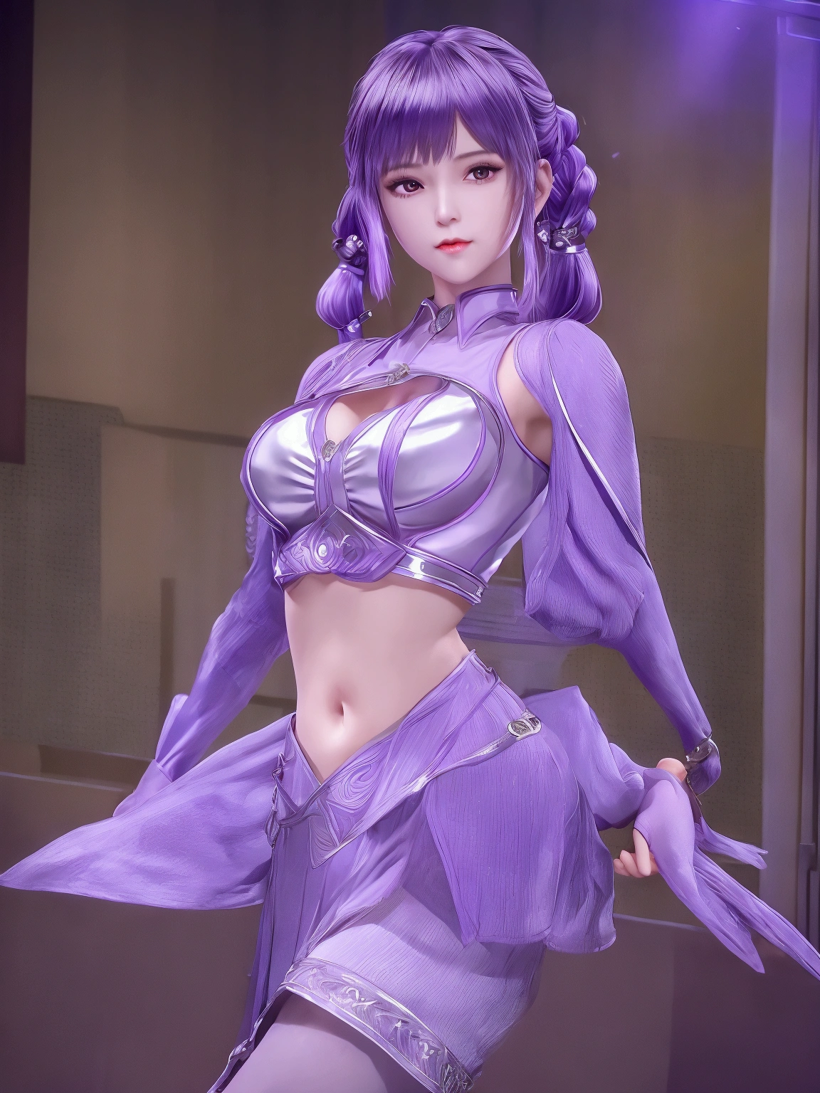 1 Girl,Low double ponytail, Mature female, Looking at the audience, city View, night, Cowboy shooting, Umbilical cord,Crop Top, Long sleeve, skirt,Weaving, Pantyhose, Metal trim,Purple Hair, Shiny hair, diaphragm,Off-shoulder，Showing belly，Sexy exposure，A sense of flesh，full-body shot