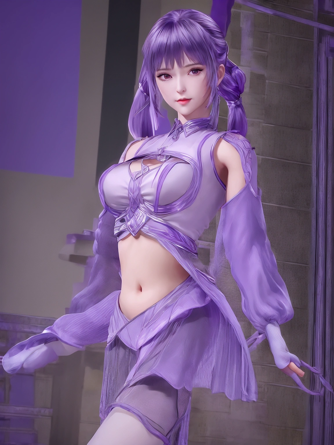 1 Girl,Low double ponytail, Mature female, Looking at the audience, city View, night, Cowboy shooting, Umbilical cord,Crop Top, Long sleeve, skirt,Weaving, Pantyhose, Metal trim,Purple Hair, Shiny hair, diaphragm,Off-shoulder，Showing belly，Sexy exposure，A sense of flesh，full-body shot