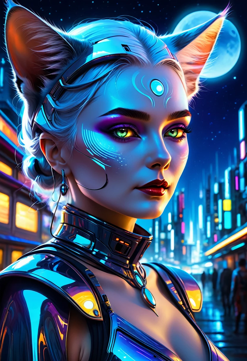 a high quality digital painting of a beautiful neofuturistic woman, Granny cat, Lady Moonlight, Same Ol’ Mistakes, futuristic, glowing, cyberpunk, celestial, surreal, vibrant colors, detailed, fantasy art, cosmic, moonlit, mysterious, reflective surfaces, night scene, medium shot, imaginative, high detail, 4k
