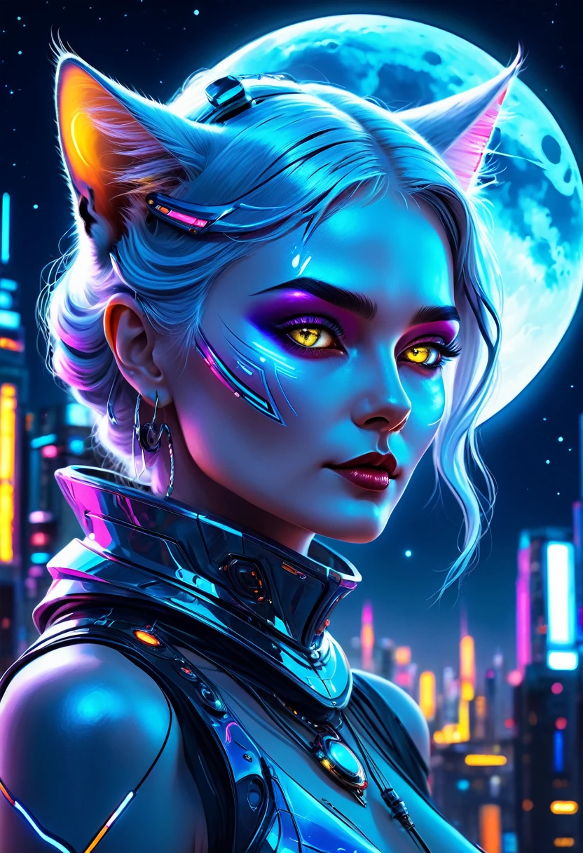 a high quality digital painting of a beautiful neofuturistic woman, Granny cat, Lady Moonlight, Same Ol’ Mistakes, futuristic, glowing, cyberpunk, celestial, surreal, vibrant colors, detailed, fantasy art, cosmic, moonlit, mysterious, reflective surfaces, night scene, medium shot, imaginative, high detail, 4k