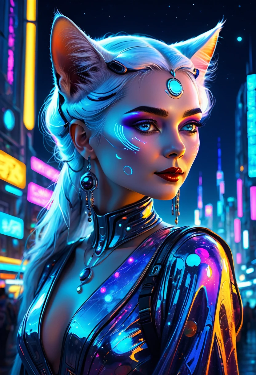 a high quality digital painting of a beautiful neofuturistic woman, Granny cat, Lady Moonlight, Same Ol’ Mistakes, futuristic, glowing, cyberpunk, celestial, surreal, vibrant colors, detailed, fantasy art, cosmic, moonlit, mysterious, reflective surfaces, night scene, medium shot, imaginative, high detail, 4k
