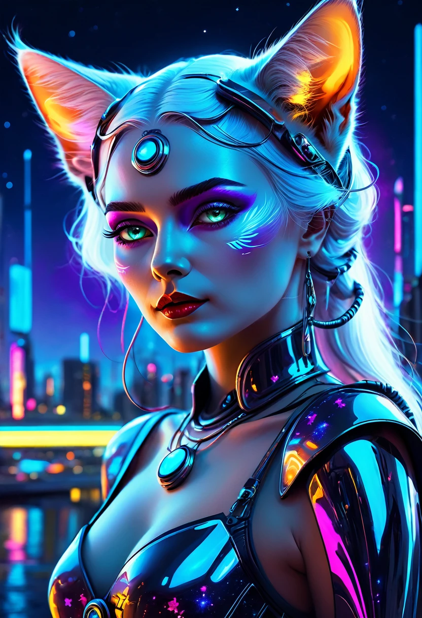 a high quality digital painting of a beautiful neofuturistic woman, Granny cat, Lady Moonlight, Same Ol’ Mistakes, futuristic, glowing, cyberpunk, celestial, surreal, vibrant colors, detailed, fantasy art, cosmic, moonlit, mysterious, reflective surfaces, night scene, medium shot, imaginative, high detail, 4k
