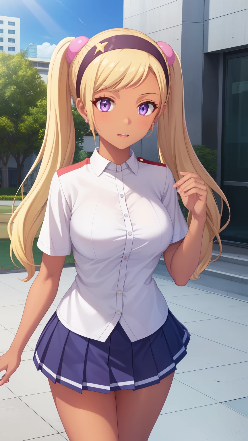 QUITTERIE RAFFAELI, LONG HAIR, BLONDE HAIR, TWINTAILS, PURPLE EYES, HAIRBAND, DARK SKIN, DARK-SKINNED girl, JEWELRY, EARRINGS, 1girl, solo, masterpiece, illustration, game CG, absurdres, highly detailed, school courtyard, white school shirt, pleated miniskirt