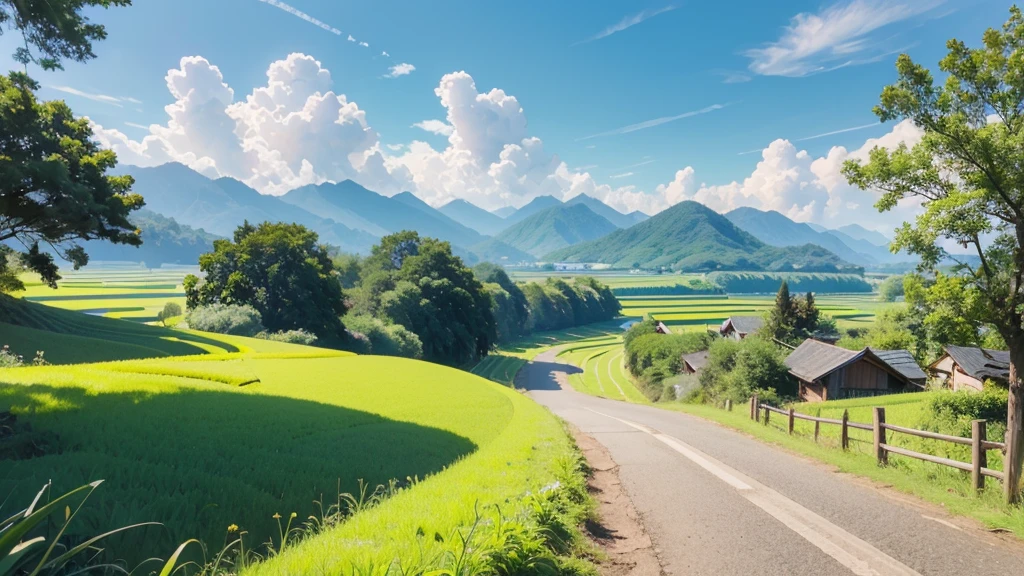 8k、RAW Photos、Highest quality、Very detailed、Super Resolution、Ultra HD、8k壁紙、Amazing details summer、A country road lined with rice fields、blue sky、Shining Sun