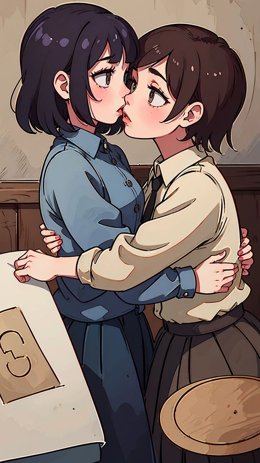 gestapo, female   kawaii sisters kissing in Auschwitz concentration camp, wearing  uniforms. 8k. masterpiece. best quality