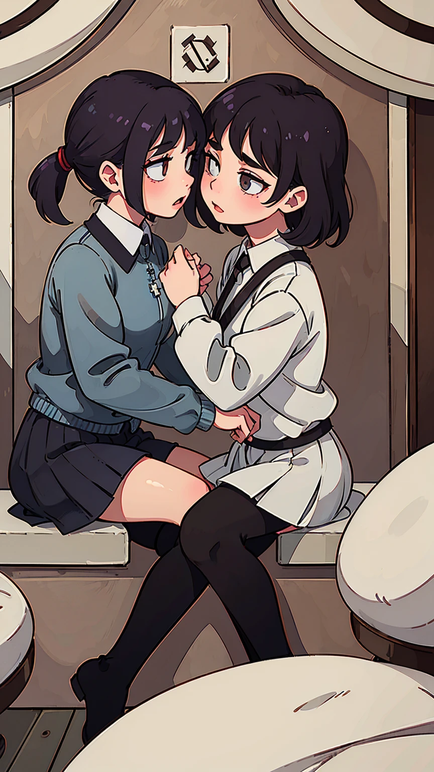 gestapo, female lesbian kawaii sisters kissing in Auschwitz concentration camp, wearing uniforms. 8k. masterpiece. best quality