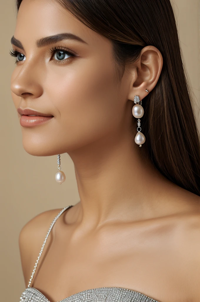 Earrings that each consist of three loops (one of each metal) from which a single diamond hung, a single pearl and a single jade.