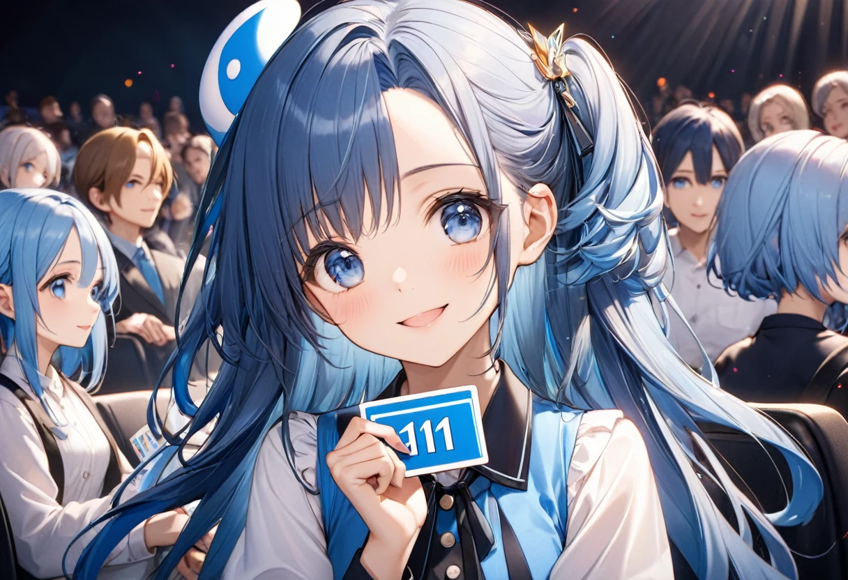 ((Characters appear word of "1111")), (a forehead blue hair long hair cute girl, blue eyes, cute smile, hand holding Number Card of) (("1111")) on to cinema screen, BREAK, perfect anatomy, masterpiece, best quality, 16k, beautiful detailed cinema, daydreaming expression.