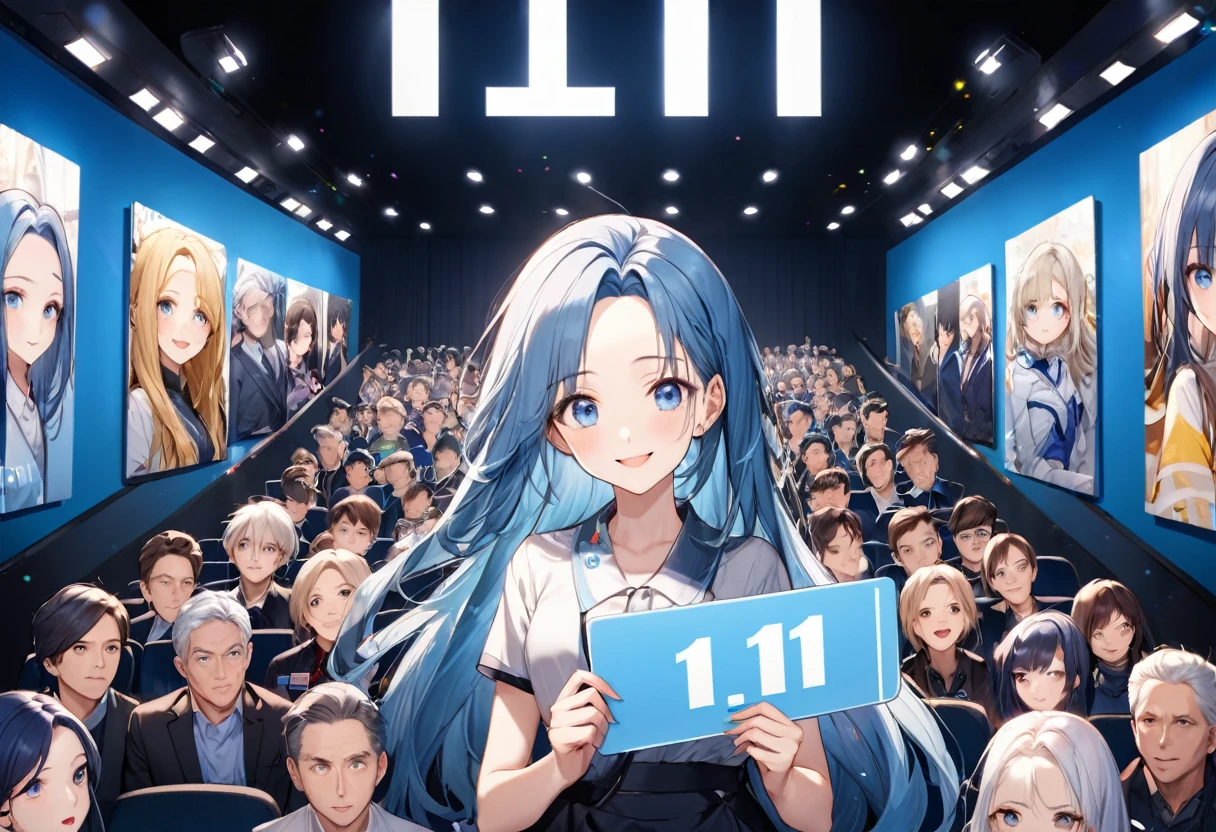 ((Characters appear word of "1111")), (a forehead blue hair long hair cute girl, blue eyes, cute smile, hand holding Number Card of) (("1111")) on to cinema screen, BREAK, perfect anatomy, masterpiece, best quality, 16k, beautiful detailed cinema, daydreaming expression.