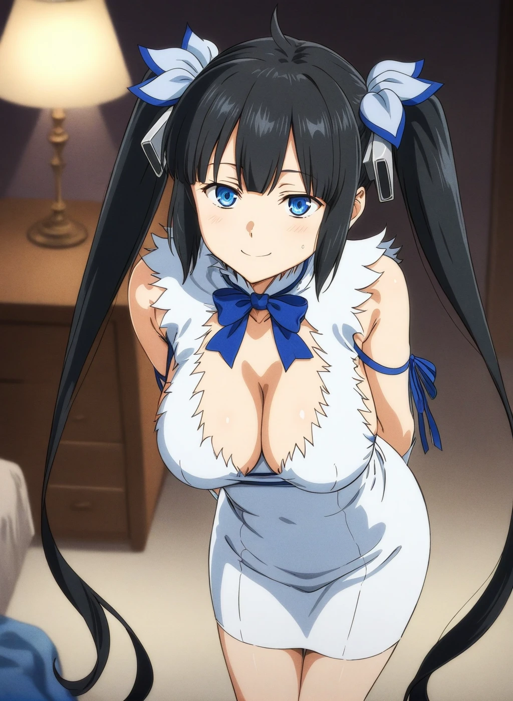 best quality, amazing quality, very aesthetic, absurdres, (1girl, hestia (danmachi),hestia \(danmachi\),long hair,blue ribbon,twintails, solo, big breasts),(gown:1.8), (smile, night, thigh:1.3), (cowboy shot), (glowing eyes), (half closed eyes:0.9), (from above0.7), (), (bent over, arms behind back:1.4), (blush:0.7), expressive eyes, perfect face, 4k, extremely detailed anime illustration, extremely detailed eyes, perfect anatomy, light rays, extremely delicate body, smooth skin, (bedroom background:1.5), clear eyes, beautiful face, smiling at viewer, (anime style:1.7), (cinematic Light:1.5), (highres:2),
