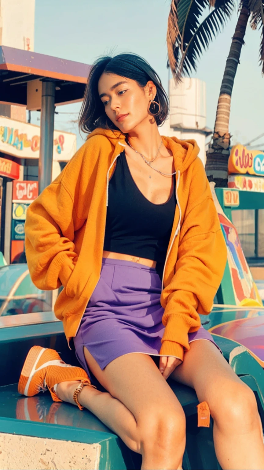 (medium shot portrait) one of cute body goal 23 yo girl ,perfect natural breast ,wear ((orange color oversized_hoodie)), wear ((purple tennis skirt)),looking front,Best Quality,Masterpiece,Ultra High Resolution,(Realisticity:1.4),Original Photo, 1Girl, light leak,ultra high resolution,UHD,beautiful, (black straight hair), almond eye, no makeup, in front of ((80's los angels colorful gas station)), (realistic:1.2), (surreal:1.3), (very detailed:1.1), ((masterpiece)),summer, blue sky, palm trees,sunny, los angles vibes,film camera, 800mm lens,style of Philip Lorca diCorcia