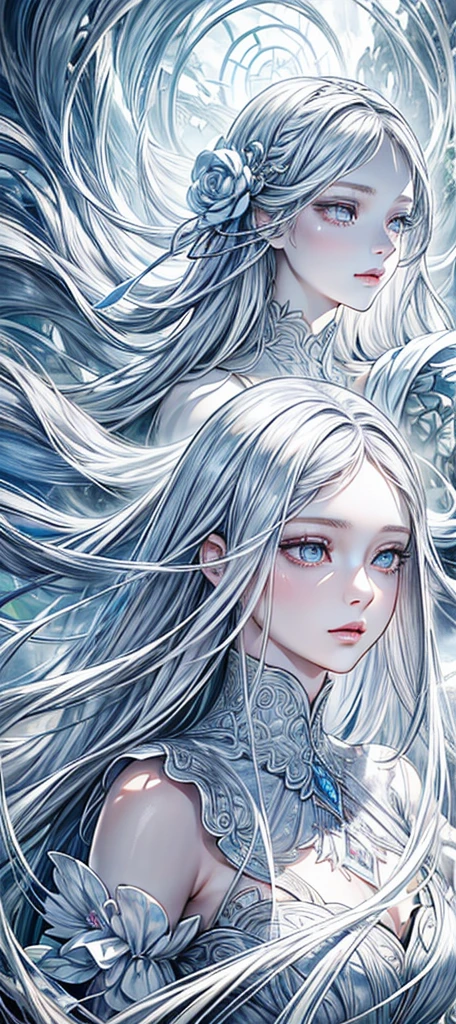 a beautiful young woman with long white hair, detailed face, beautiful eyes, detailed lips, 1girl, detailed skin, elegant dress, hyper realistic, photorealistic, fantasy, magical, dramatic lighting, glowing, ethereal, mystical, soft colors, pastel, masterpiece, high quality, 8k