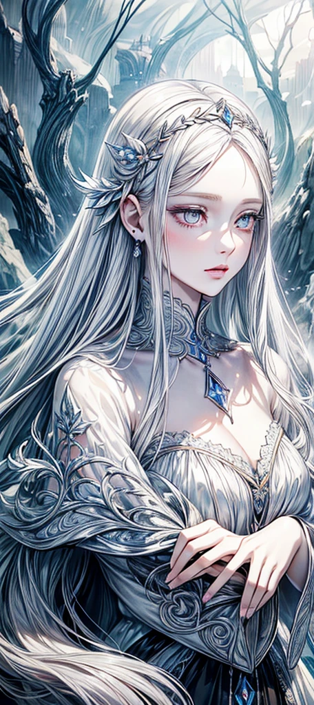 a beautiful young woman with long white hair, detailed face, beautiful eyes, detailed lips, 1girl, detailed skin, elegant dress, hyper realistic, photorealistic, fantasy, magical, dramatic lighting, glowing, ethereal, mystical, soft colors, pastel, masterpiece, high quality, 8k