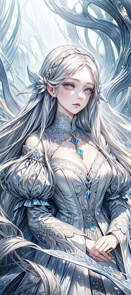 a beautiful young woman with long white hair, detailed face, beautiful eyes, detailed lips, 1girl, detailed skin, elegant dress, hyper realistic, photorealistic, fantasy, magical, dramatic lighting, glowing, ethereal, mystical, soft colors, pastel, masterpiece, high quality, 8k