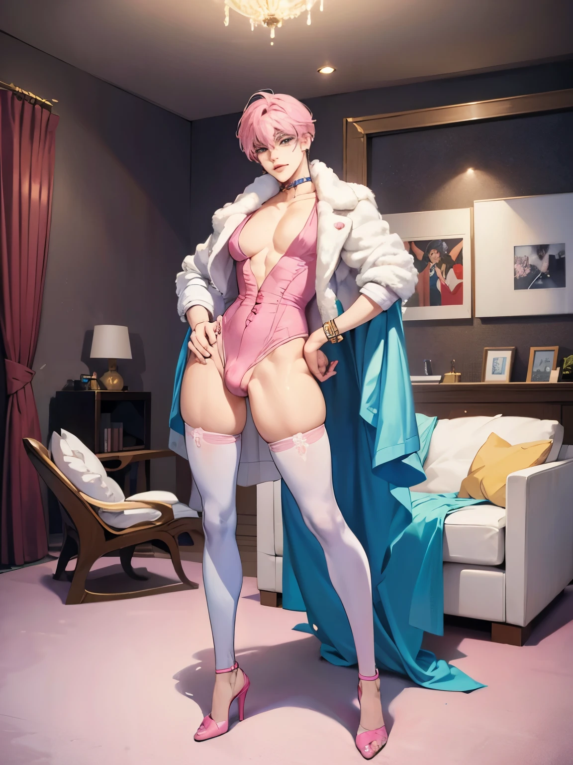 1 male, ((femboy)), Guviz-style artwork, made with anime painter studio, anime realismスタイル, Realistic anime art style, painted in anime painter studio, Inspired by Kim Taehyung, In an anime style, anime handsome guy, Inspired by Kim Taehyung, anime realism, Pink hair, A smile, a choker, Multiple piercings, Man with short hair, Male one, Inspired by Kim Taehyung, bustup, short jacket, living room, modern style, standing, full body, ((round buttocks)), (presenting ass), big ass, big bulge crotch, pink stockings, blue high heels,