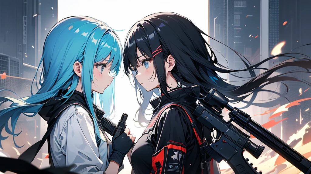 Two girls facing each other with guns。The distance between the two of us is far。