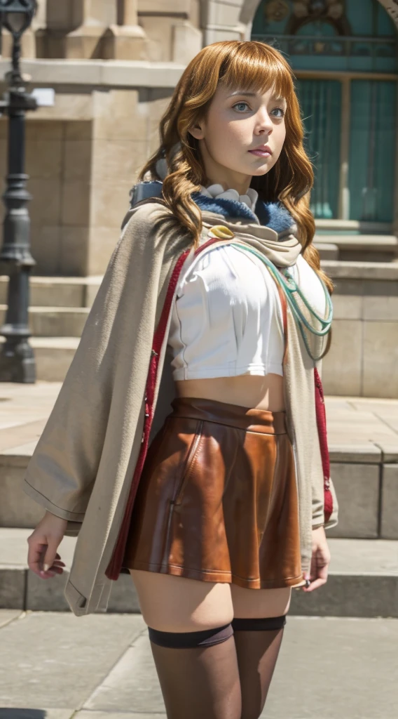 Highest quality、Highest quality、16k quality、Highly detailed figure、Highly detailed face、Highly detailed eyes、Highly detailed nose、Highly detailed facial expressions、Highly detailed costume、Very high quality costume、Highly detailed hourglass shape、Highly detailed feet、Highly detailed thighs、Being in reality、、Mimosa Vermillion、main character、Brown Hair、White long sleeve knitted clothing、Brown leather belly band、You can see the shape of the chest、服の上からYou can see the shape of the chest、On top of knitted clothes、Light brown、Chest-length、Poncho type、Wearing the cloak of the Magic Knights、With Magic Knights emblem、One of her breasts is visible through the gap in her cloak.、Close to the skinする服、Brown leather belly bandを着る、White knit shorts、Emphasizes the shape of the chest、Brown leather long socks、Her thighs are visible between her shorts and tights、You can see the shape of the chest、G cup bust size、Big Breasts、Close to the skin、Tight、Full body photo、Are standing、Emphasizes the beauty of thigh muscles、Full body photo、Front view、Brown leather belly bandを着用