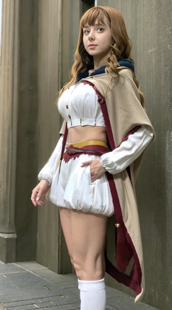 Highest quality、Highest quality、16k quality、Highly detailed figure、Highly detailed face、Highly detailed eyes、Highly detailed nose、Highly detailed facial expressions、Highly detailed costume、Very high quality costume、Highly detailed hourglass shape、Highly detailed feet、Highly detailed thighs、Being in reality、、Mimosa Vermillion、main character、Brown Hair、White long sleeve knitted clothing、Brown leather belly band、You can see the shape of the chest、服の上からYou can see the shape of the chest、On top of knitted clothes、Light brown、Chest-length、Poncho type、Wearing the cloak of the Magic Knights、With Magic Knights emblem、One of her breasts is visible through the gap in her cloak.、Close to the skinする服、Brown leather belly bandを着る、White knit shorts、Emphasizes the shape of the chest、Brown leather long socks、Her thighs are visible between her shorts and tights、You can see the shape of the chest、G cup bust size、Big Breasts、Close to the skin、Tight、Full body photo、Are standing、Emphasizes the beauty of thigh muscles、Full body photo、Front view、Brown leather belly bandを着用
