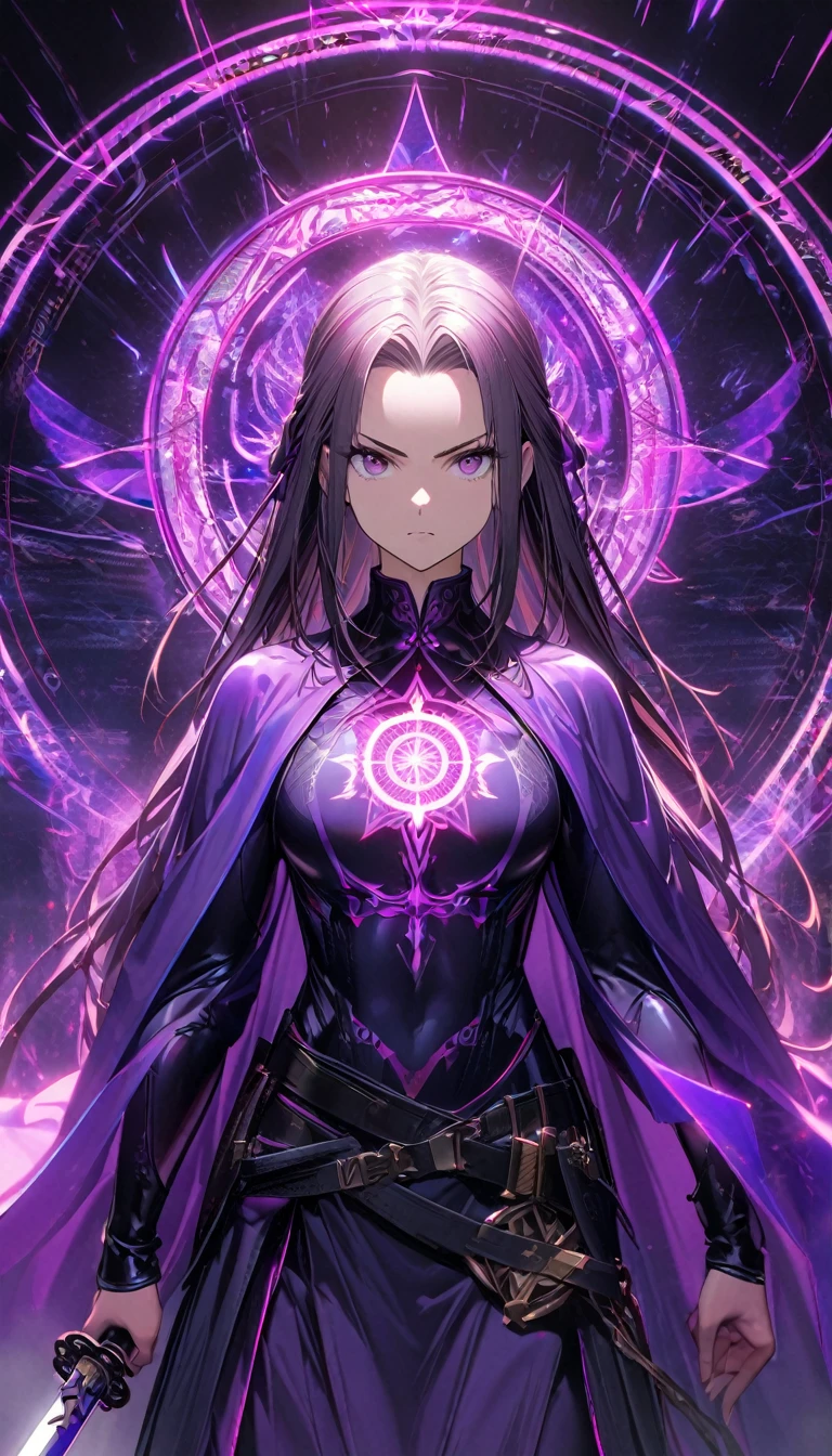 1 girl,forehead hair with purple curtain,shiny katana,glowing purple supernatural magic circle, serious,calm perfect body,8k,High definition,