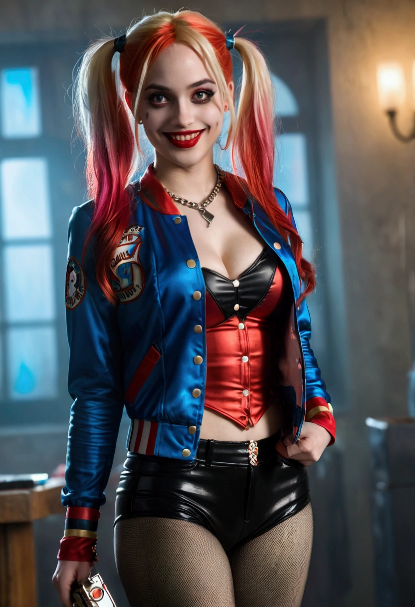 ultra realistic, photography, long red hair, girl, 24 years old, hourglass figure, perfect body, Flirty look, extremely detailed artgerm, in the style artgerm, small breasts, facing the camera, lens 35 mm, blur background, red and blue Harley Quinn costume (from the 2016 suicide squad movie), lively costume party as background, laughing, full body picture, full body, black sheer tights