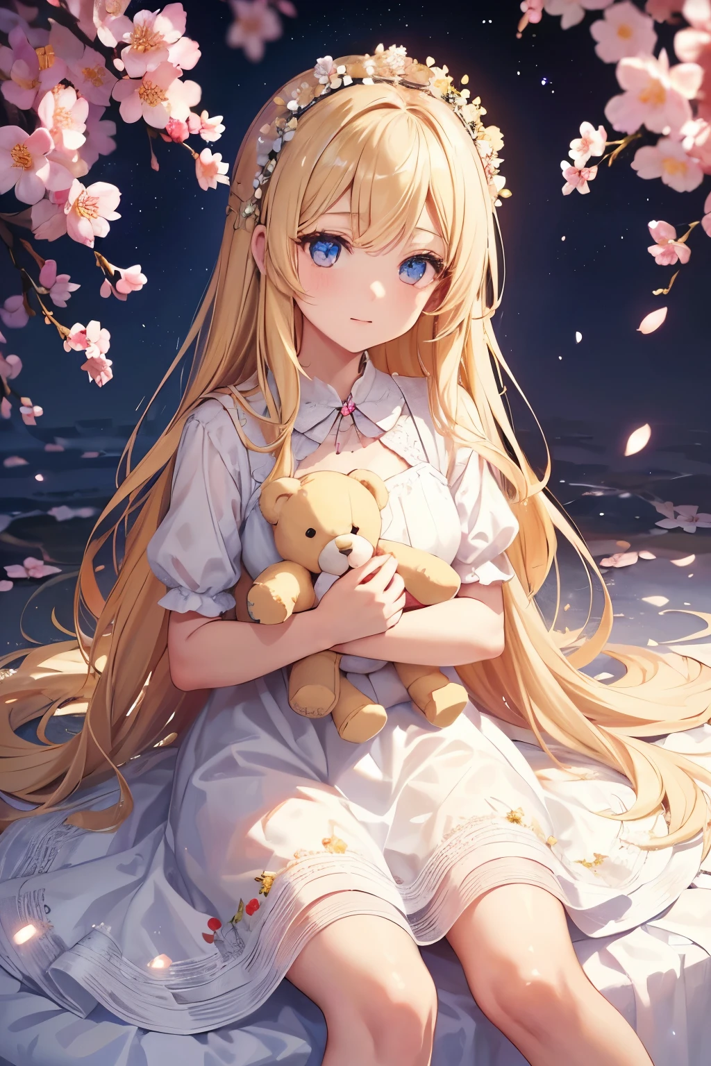 A young girl with long blonde hair, wearing a white dress with floral decorations, sits holding a teddy bear. She has a flower crown. The background is a night sky with sparkling lights and cherry blossoms hanging above. Detailed, anime style. Add a fairy dust overlay.