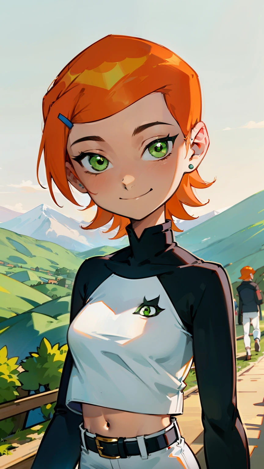 (Masterpiece), Best Quality, ultra-detailed, 1girl (Gwendolyn_Tennyson, beautiful face, breasts, orange hair, short hair, green eyes), , a charming face, smile, looking at viewer, solo, long sleeves, navel, belt, white pants, in the mountain, walk, a seductive walking