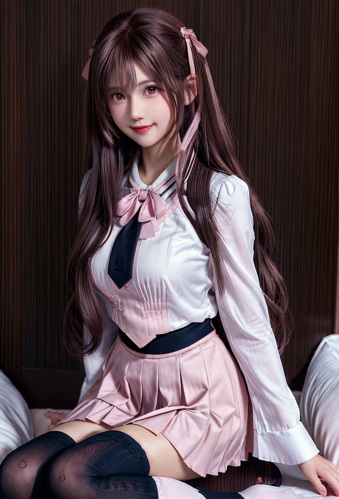 best quality ,masterpiece, ultra detailed ,intricate details , pink brown wavy hair, ,BREAK white blouse,ribbon tie,navy Pleated skirt ,black Knee-high socks, BREAK pink brown wavy hair,pink eye,smile, sitting,
