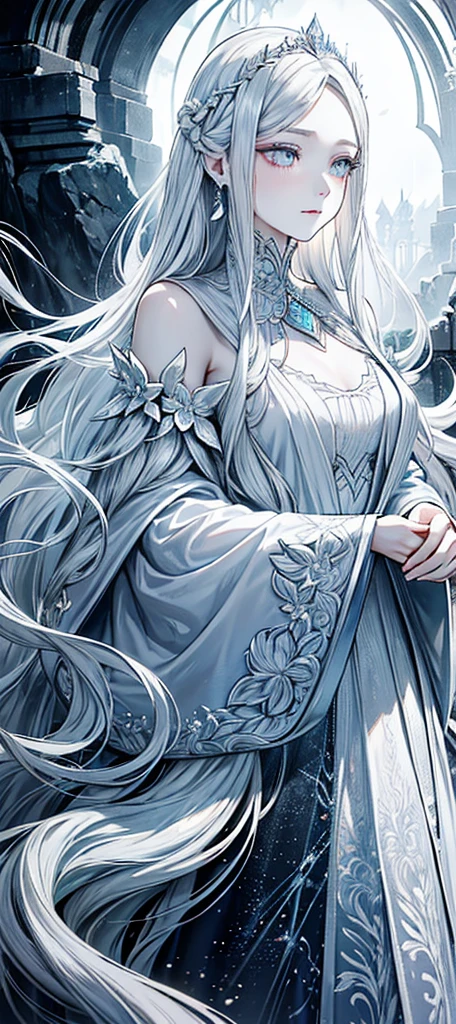 a beautiful young woman with long white hair, extremely detailed facial features, 1girl, detailed skin, elegant flowing dress, hyper realistic, photorealistic, fantasy, magical, dramatic lighting, glowing, ethereal, mystical, soft pastel colors, masterpiece, 8k