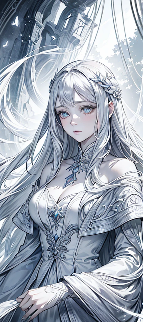 a beautiful young woman with long white hair, extremely detailed facial features, 1girl, detailed skin, elegant flowing dress, hyper realistic, photorealistic, fantasy, magical, dramatic lighting, glowing, ethereal, mystical, soft pastel colors, masterpiece, 8k