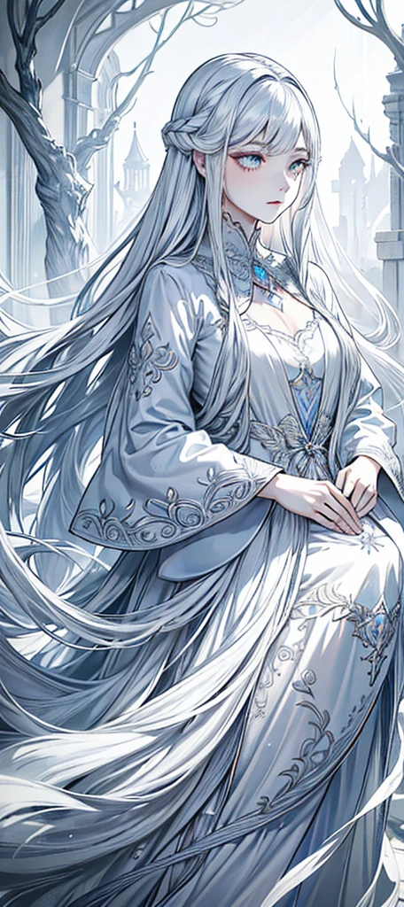 a beautiful young woman with long white hair, extremely detailed facial features, 1girl, detailed skin, elegant flowing dress, hyper realistic, photorealistic, fantasy, magical, dramatic lighting, glowing, ethereal, mystical, soft pastel colors, masterpiece, 8k