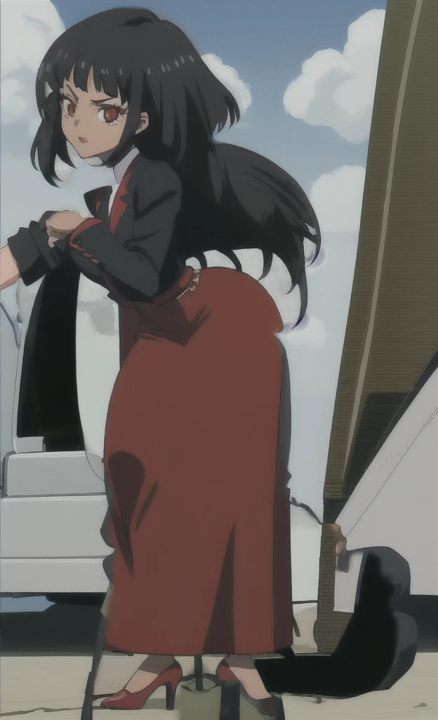 90s anime black skinned women with short black hair wearing a swat outfit